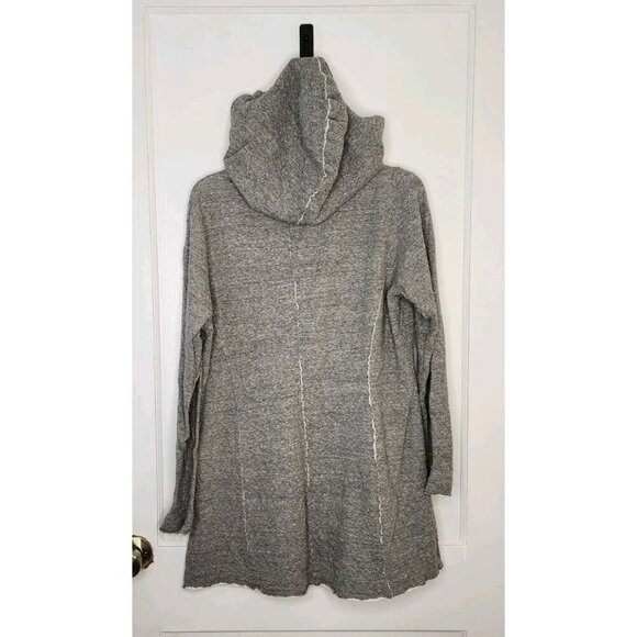 EILEEN FISHER Gray Double Layer Ripple Knit Button Hooded Sweater Sz L Cotton - Picture 2 of 4